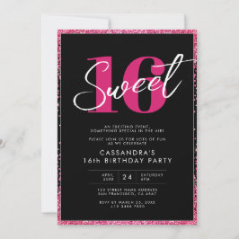 Zwarte roze glitter Glam Sweet Sixteen Birthday Kaart