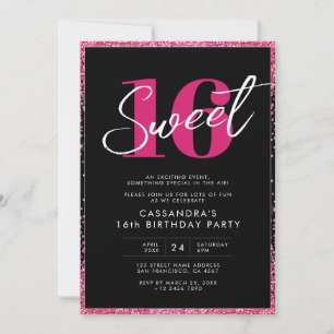 Zwarte roze glitter Glam Sweet Sixteen Birthday Kaart