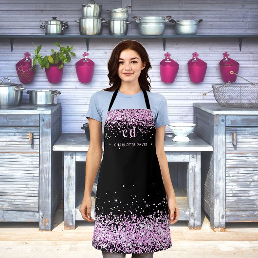 Zwarte roze glitter monogram initiaal naam schort
