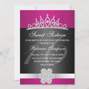 Zwarte & Roze Glitter Tiara Verjaardagsuitnodiging Kaart