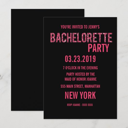Zwarte Roze Glitter Typografie Bachelorette Kaart (Voorkant / Achterkant)