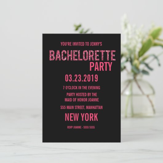 Zwarte Roze Glitter Typografie Bachelorette Kaart (Staand voorkant)