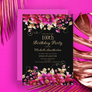 Zwarte Roze Gouden Bloem 100ste Verjaardagsfeestje Kaart