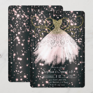 Zwarte Roze Gouden Glitter Jurk Sweet 16 Feestje Kaart