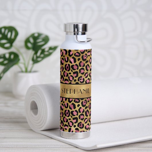Zwarte Roze Gouden Luipaardprint Persoonlijk Waterfles (Yoga)