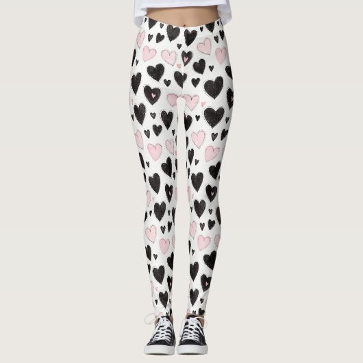 Zwarte Roze Harten Leggings (Voorkant)