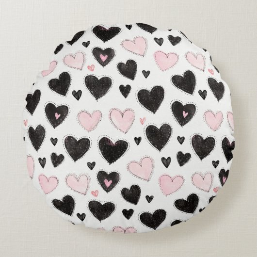 Zwarte Roze Harten Rond Kussen (Voorkant)