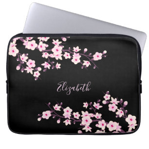 Zwarte Roze Kersenbloesem Monogram Laptop Sleeve