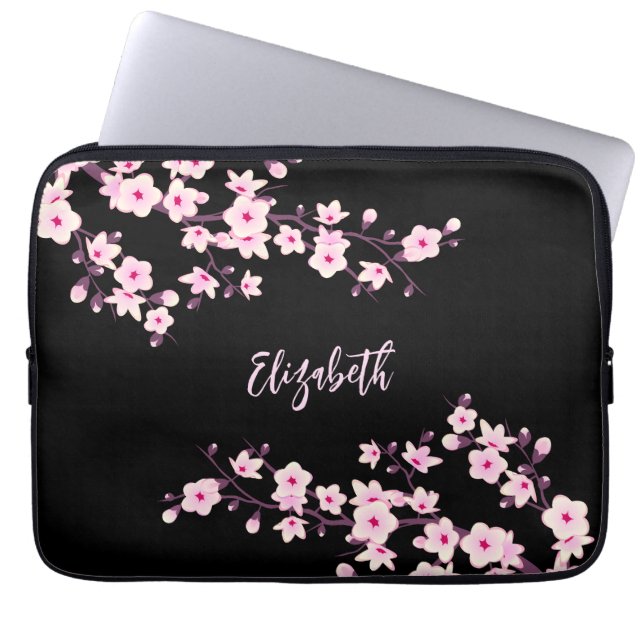 Zwarte Roze Kersenbloesem Monogram Laptop Sleeve (Voorkant)