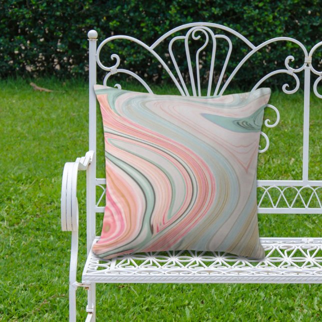 zwarte roze koraalmunt groene regenboogdraden buitenkussen (blush pink coral mint green rainbow marble swirls outdoor pillow)