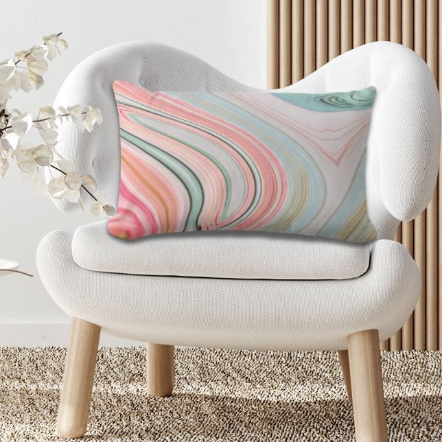 zwarte roze koraalmunt groene regenboogdraden kussen (blush pink coral mint green rainbow marble swirls lumbar pillow)