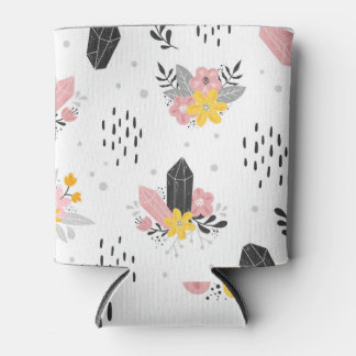Zwarte, roze kristallen, bloemennaadloos. blikjeskoeler