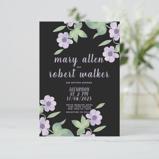 Zwarte roze lavendel groene lente bruiloft kaart (Staand voorkant)