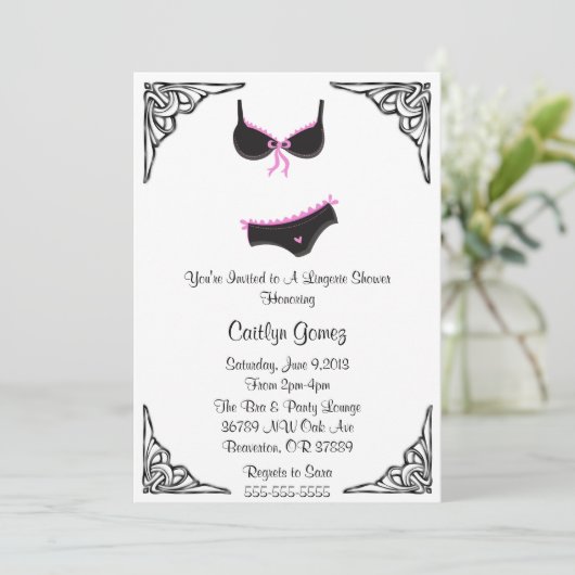 Zwarte & Roze Lingerie Bridal Shower-uitnodiging Kaart (Staand voorkant)