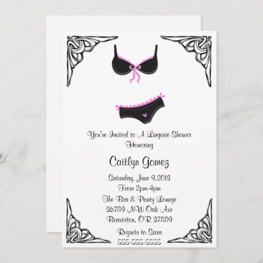 Zwarte & Roze Lingerie Bridal Shower-uitnodiging Kaart (Voorkant / Achterkant)