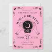 Zwarte roze magische maan kristallen bal bruiloft kaart (Voorkant)