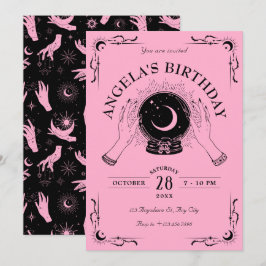 Zwarte roze magische maan kristallen bal verjaarda kaart