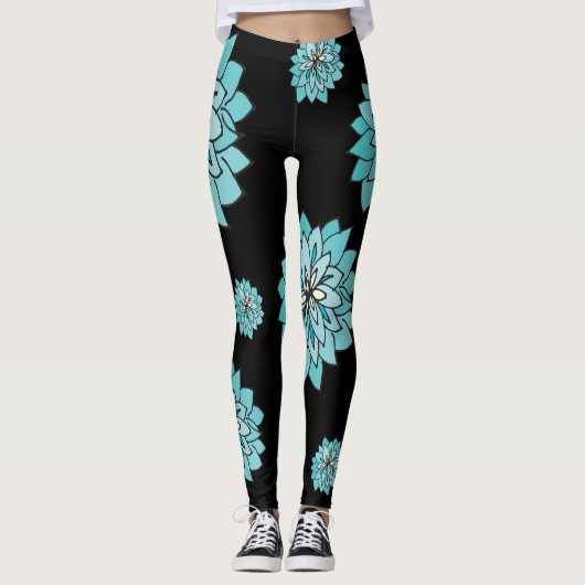 Zwarte roze met grafisch blauwgroen blauw bloemont leggings (Voorkant)