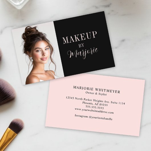 Zwarte Roze Moderne Typografie Script Foto Make-up Visitekaartje