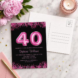 Zwarte Roze Nep Glitters 40ste Verjaardagsfeestje Uitnodiging Briefkaart