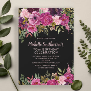 Zwarte Roze Paarse Bloem Glitter 70ste Verjaardag Kaart