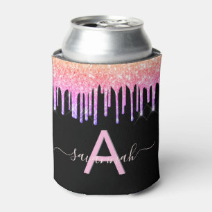Zwarte roze paarse glinster druppels monogram blikjeskoeler