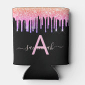 Zwarte roze paarse glinster druppels monogram blikjeskoeler (Achterkant)