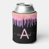 Zwarte roze paarse glinster druppels monogram blikjeskoeler (Blikje Achterkant)