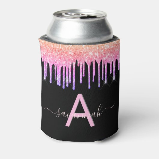 Zwarte roze paarse glinster druppels monogram blikjeskoeler (Blikje Achterkant)