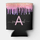 Zwarte roze paarse glitter druppelt monogram blikjeskoeler (Voorkant)