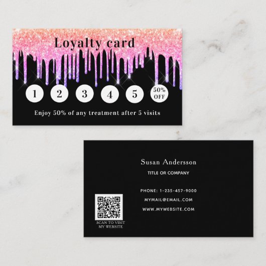 Zwarte roze paarse glitter druppelt qr code klantenkaartje (Voorkant / Achterkant)