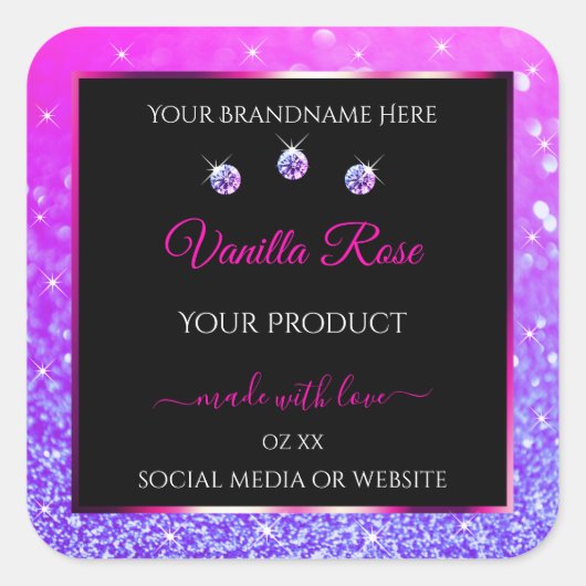 Zwarte Roze Paarse Ombre Glitter-productetiketten Vierkante Sticker (Voorkant)