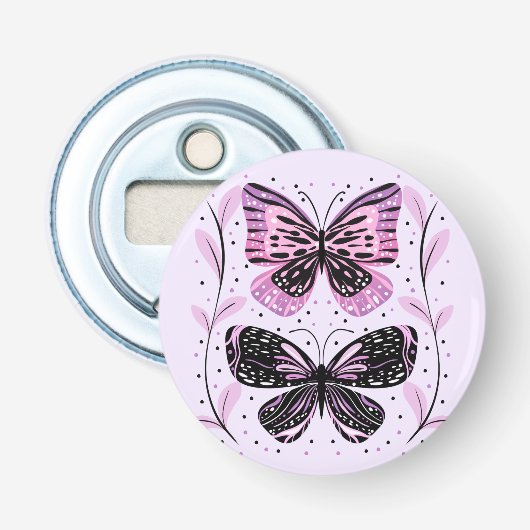 Zwarte, roze, Paarse vlinders Button Flesopener (Voorkant)