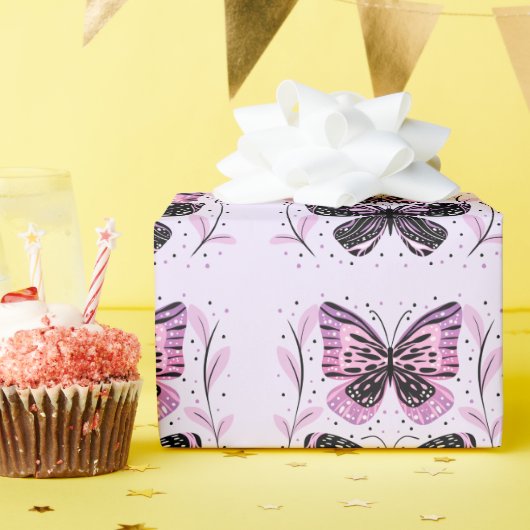 Zwarte, roze, Paarse vlinders Cadeaupapier (Verjaardagsfeest)