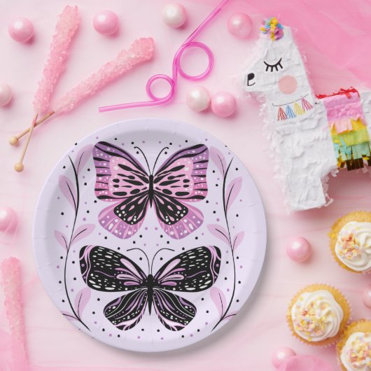 Zwarte, roze, Paarse vlinders Papieren Bordje (Feest)