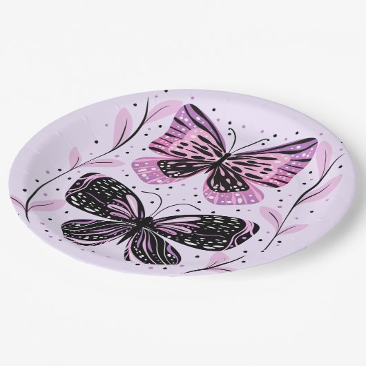 Zwarte, roze, Paarse vlinders Papieren Bordje (Gekanteld)