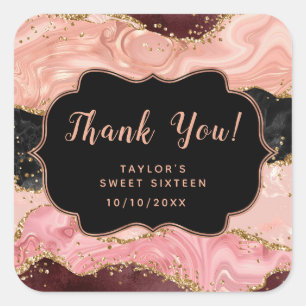 Zwarte Roze Pailletten Agate Sweet Sixteen Bedankt Vierkante Sticker