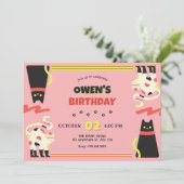 Zwarte Roze retro kat verjaardag Kaart (Staand voorkant)