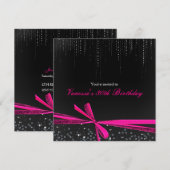 Zwarte Roze Ribbon Bow Rhinestone Party Uitnodigin Kaart (Voorkant / Achterkant)