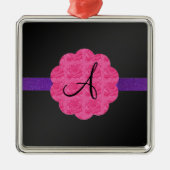Zwarte roze roze monogram metalen ornament (Voorkant)