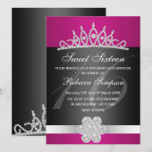 Zwarte & Roze Sparkle Tiara Verjaardag Uitnodiging (Voorkant / Achterkant)
