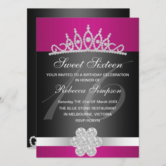 Zwarte & Roze Sparkle Tiara Verjaardag Uitnodiging (Voorkant / Achterkant)