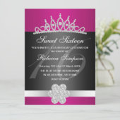 Zwarte & Roze Sparkle Tiara Verjaardag Uitnodiging (Staand voorkant)