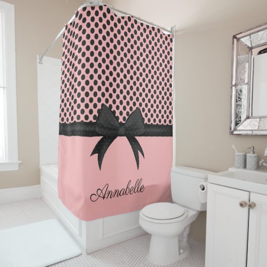 Zwarte roze Stippen en lint Douchegordijn (In situ)
