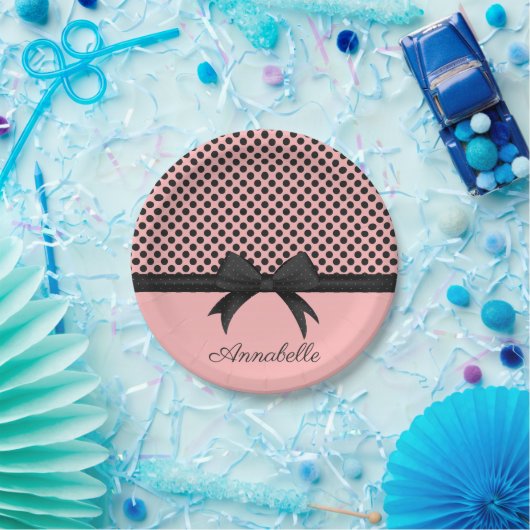 Zwarte roze Stippen en lint Papieren Bordje (Feest)