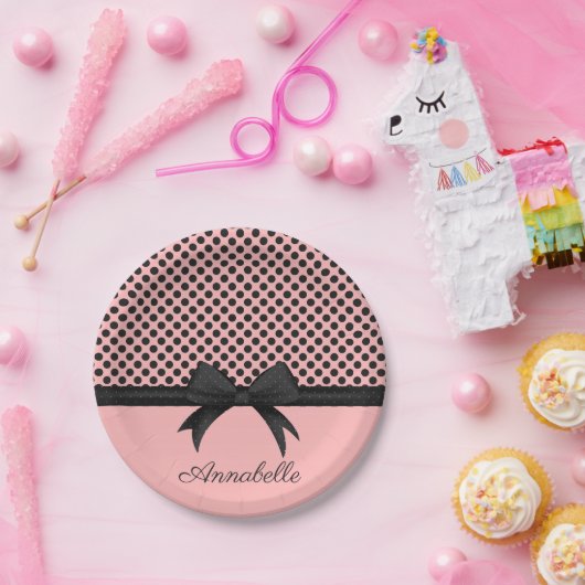 Zwarte roze Stippen en lint Papieren Bordje (Feest)