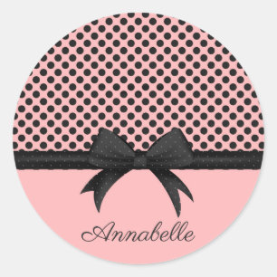 Zwarte roze Stippen en lint Ronde Sticker
