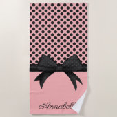 Zwarte roze Stippen en lint Strandlaken (Voorkant)