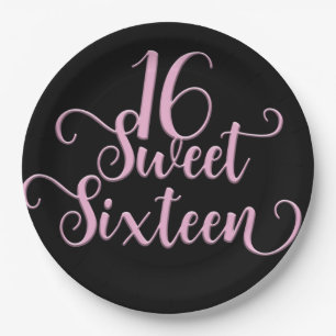 Zwarte & Roze Sweet 16 Verjaardagsfeestje Papieren Bordje