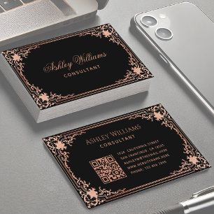 Zwarte Roze Vintage Elegante Calligrafie QR-code Visitekaartje